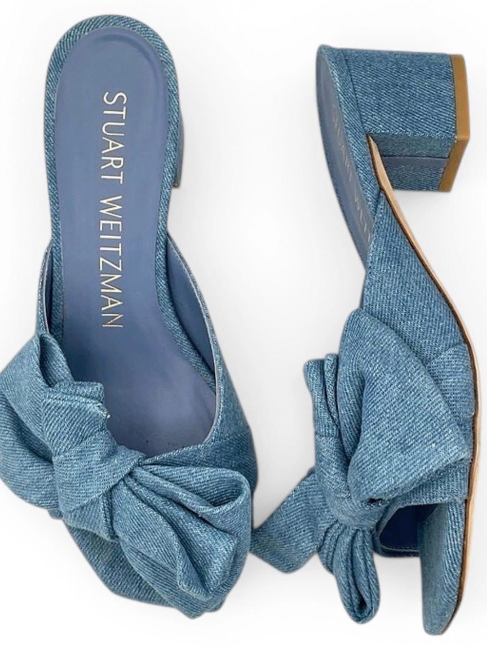 STUART WEITZMAN Love Knot Denim Wash Bow Slide Sandals 50 Block Heel Size 7